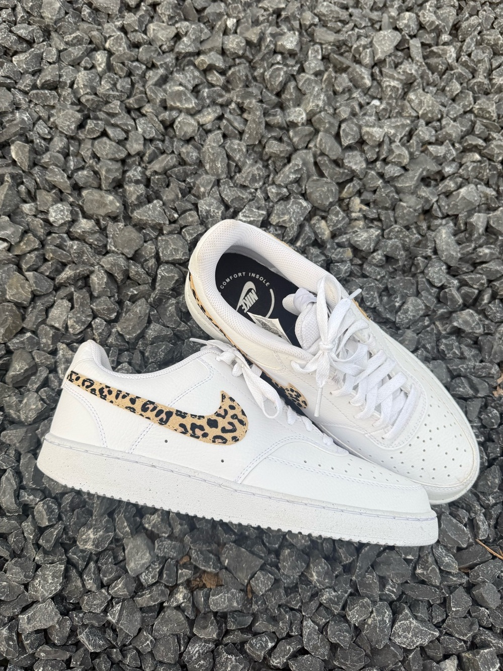 Nike womens White Sneakers with Leopard-Print Swoosh
